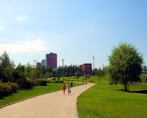 Person walking briskly in a vibrant sunny park